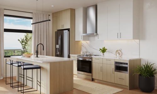 Kitchen with bar-stool seating and a large window